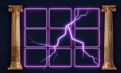 Abstrakter goldener Jackpot-Safe mit kubistischen M&uuml;nz-Stapeln im Neon-Laser-Grid