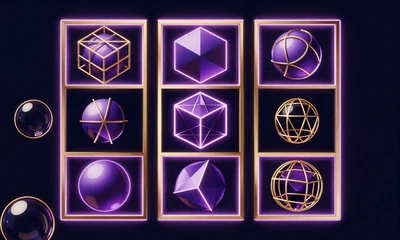M&auml;dchen in geometrischen Badeanz&uuml;gen mit abstrakten Katzenmasken durchbrechen ein Labyrinth aus goldenen Spielautomaten im Neon-Laser-Grid von Vavada Casino