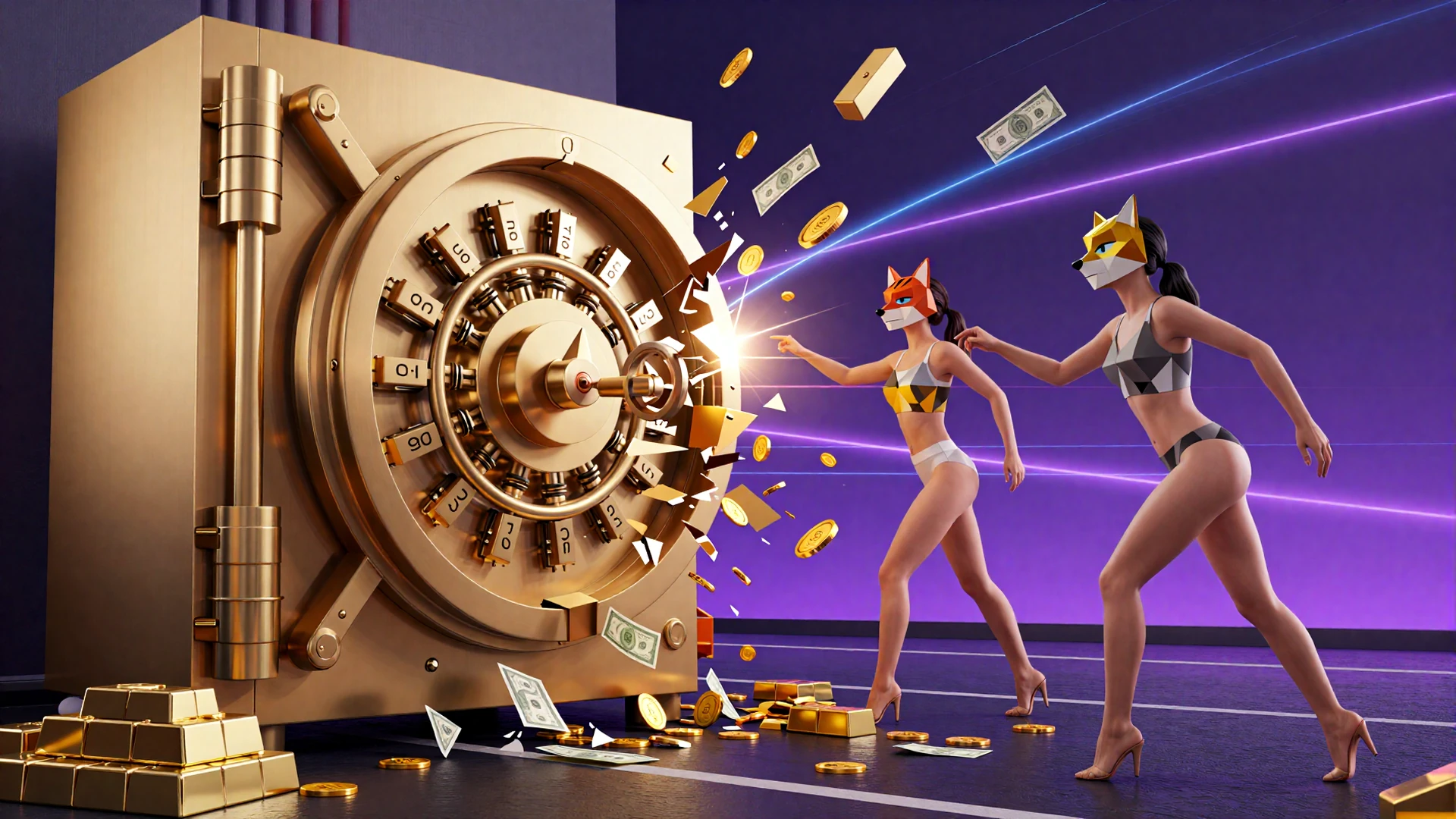 M&auml;dchen in geometrischen Badeanz&uuml;gen mit abstrakten Fuchs- und Katzenmasken knacken einen goldenen kubistischen Banksafe im Neon-Laser-Grid von Vavada Casino