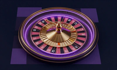 Abstrakter Themen-Slot mit goldenen Filmrolle-Formen und Neon-Purple-Kubus-Elementen